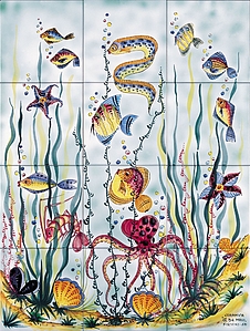 Farbe multicolor, Stil handgemacht, Panneau, Majolika, 39x52 cm, Oberfläche halbglänzende